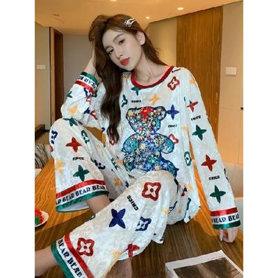 Осень-зима новый цветной медведь золотистый пижама женский комплект корейский бархат волосы брюки домашняя одежда круглый вырез