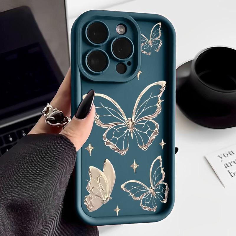 For iPhone 16E 16 Pro 15 Pro Max 14 13 12 11 XR 8 Case Butterfly Print Soft Silicone Shockproof Lens Protection TPU Matte Phone Cover