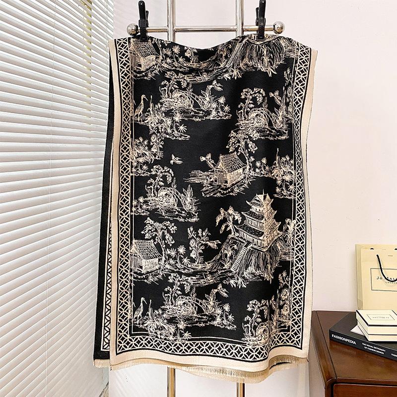 Antique Winter Warm Fashion Advanced Sense Age-Reducing Scarf Literary And Retro Double-Sided Shawl Cape Versatile Scarf Women