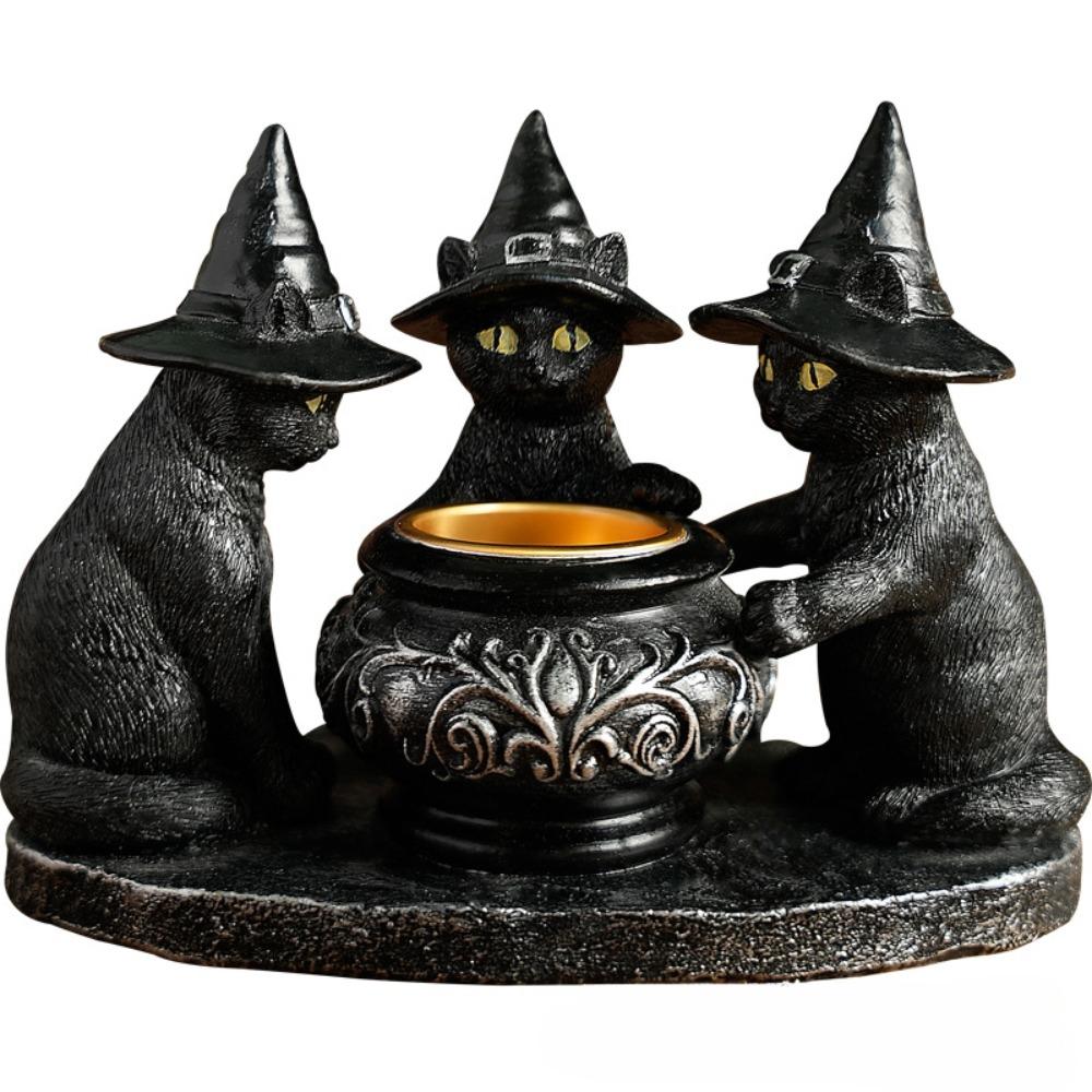 Halloween Decoration Figurines Familiar Cauldron Tea Light Holder Black Witches Cats Candlestick Holder Home Bar Table Ornaments