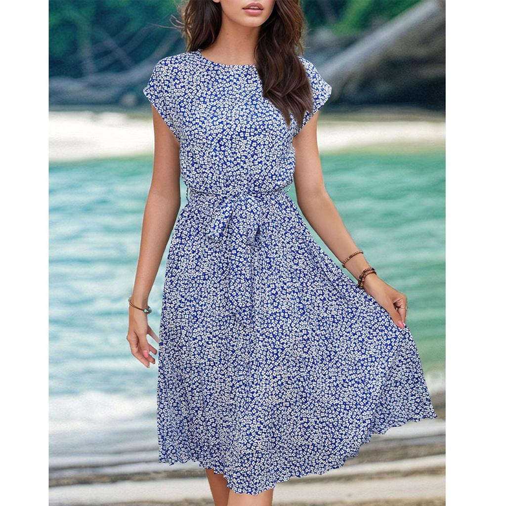 Women's Casual Loose Print Pleated Waistband Dress Print Pleated Waistband Dress