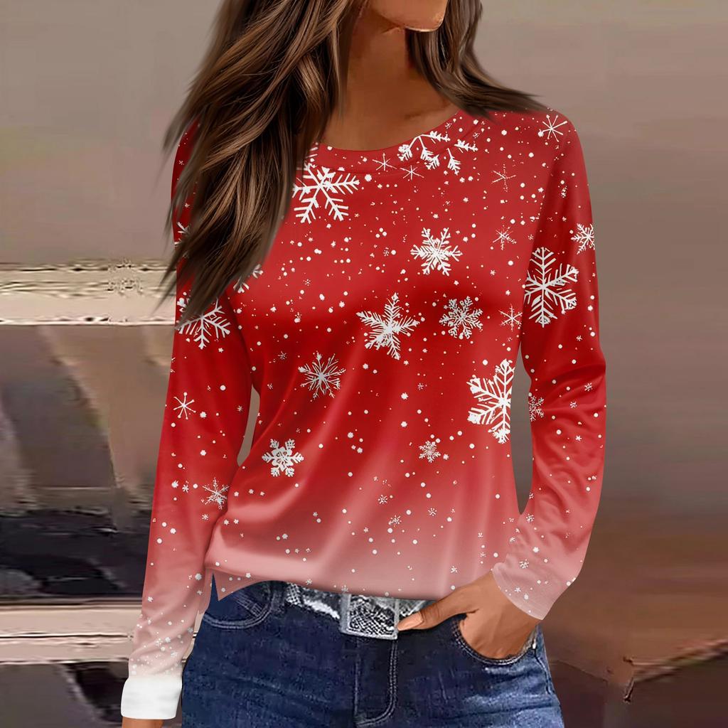 Women's Fashion Casual Slit Hem Round Neck Long Sleeve Loose Christmas Printed T-Shirt Ladies Top