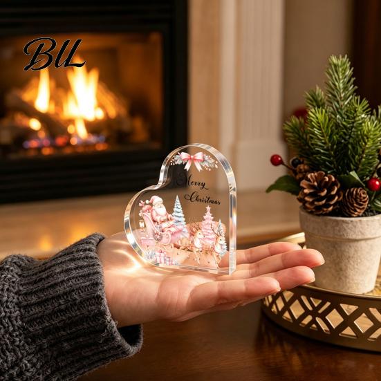 Indoor Christmas Ornaments Heart Shaped Acrylic Tabletop Sign, 2D Winter Snow Scene Desktop Ornament Home Party Supplies with Santa, Snowman