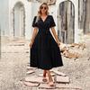 Elegant Women Summer Short Sleeve V Neck A Line Solid Color Chest Wrap Pleated Dress