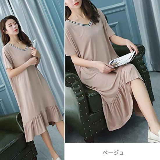Длинный большой длинный покрой и короткий ниже колена 1 размер до M до бежевого [Aika] Футболка платье, платье А-силуэта, платье, футболка, футболка, для беременных, свободный, классный,