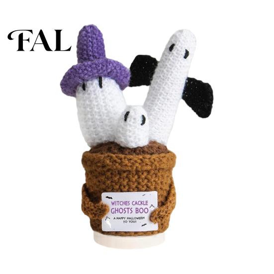 Mini Knitted Ghost Doll Hand Halloween Ornament, Crochet Plush with Tactile Comfort Sensory Toy Encouragement Card, Cute Desktop Decoration