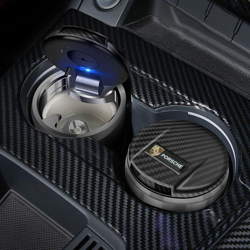 AEKUQ1 Car LED Emblem Ashtray Portable Garbage Box Storage Holder For Porsche 911 Cayenne Macan Carrera-GT 928 944 968 Panamera Boxster