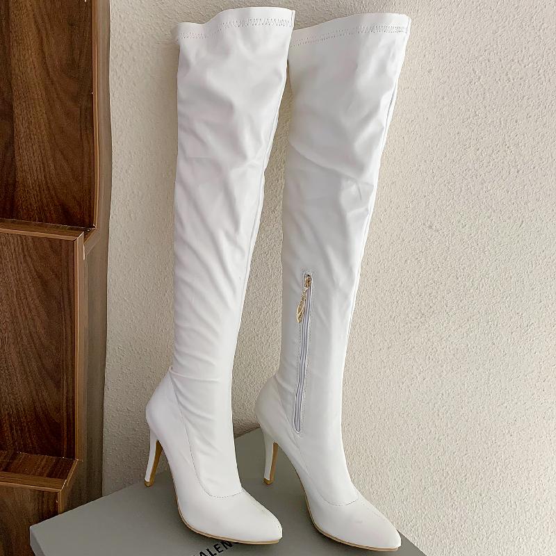 Fashion Sexy Elastic Thigh High Boots Women High Heels Over-the-knee Boot Female Point Toe White Yellow Fetish Party Long Shoes Big Size