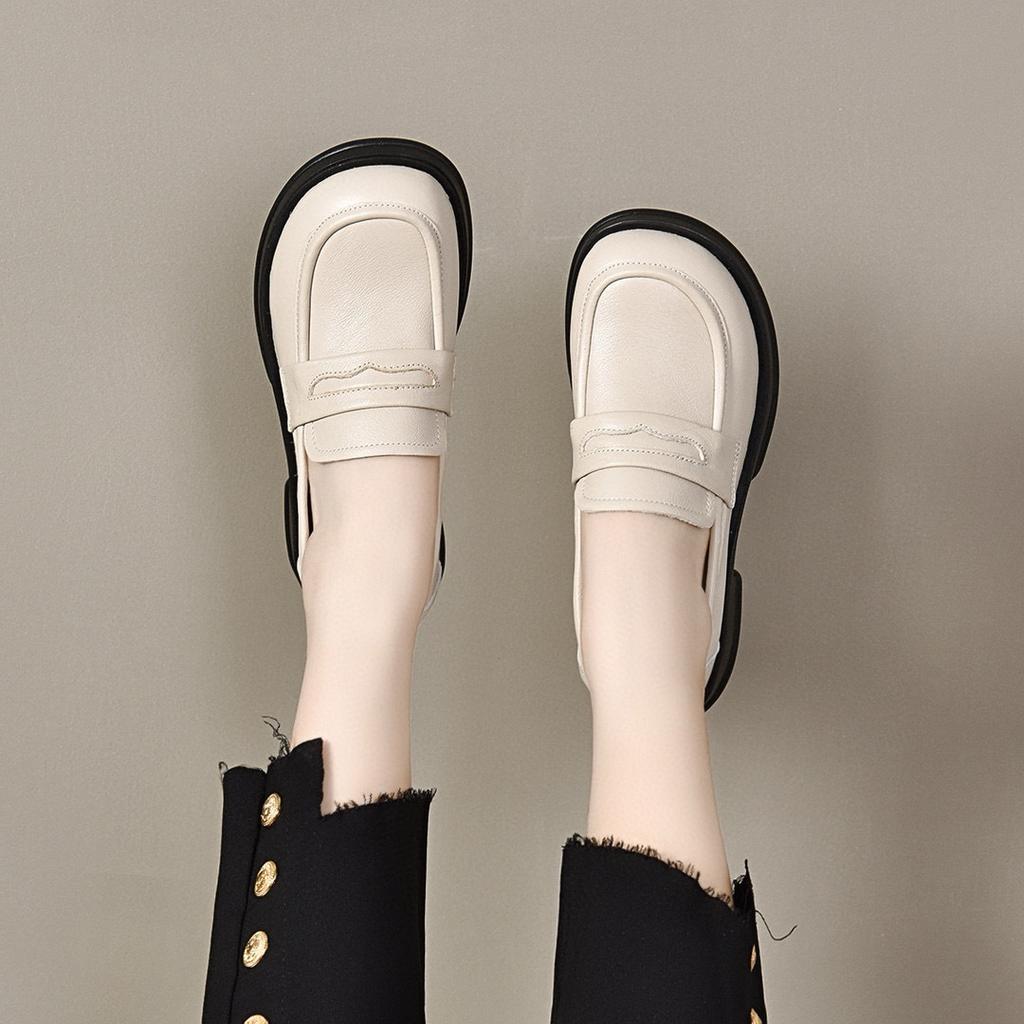 Platform Shoes Women's 2024 First-layer Cowhide British Style Round Head Basic Loafers Muffin and One-pedal Four-season Shoes