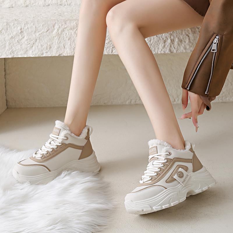 CRLAYDK Зимние массивные кроссовки для женщин на платформе до щиколотки с меховой подкладкой Теплые спортивные туфли на танкетке из кожи для ходьбы Модные теннисные туфли