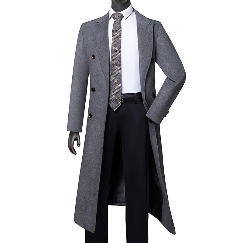 Men's Double-Breasted Wool Blend Over-the-Knee Coat