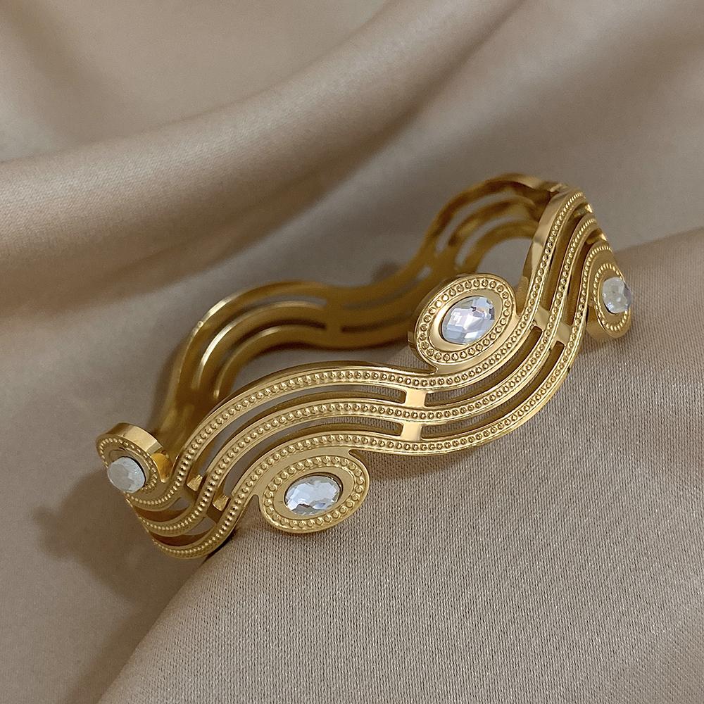 Винтажные изогнутые браслеты-манжеты из нержавеющей стали с дизайном в виде волны для женщин, браслет с подвесками и стразами, позолоченный, водонепроницаемые украшения