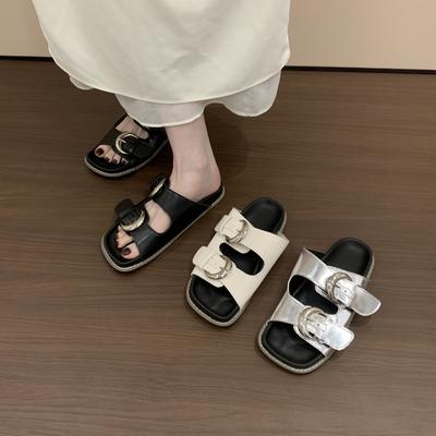 Французские повседневные шлепанцы с пряжкой, толстой подошвой и тканевой отделкой, крутые летние ретро-шлепанцы для улицы с открытым носком и плоской подошвой, повседневные шлепанцы на одном ремешке