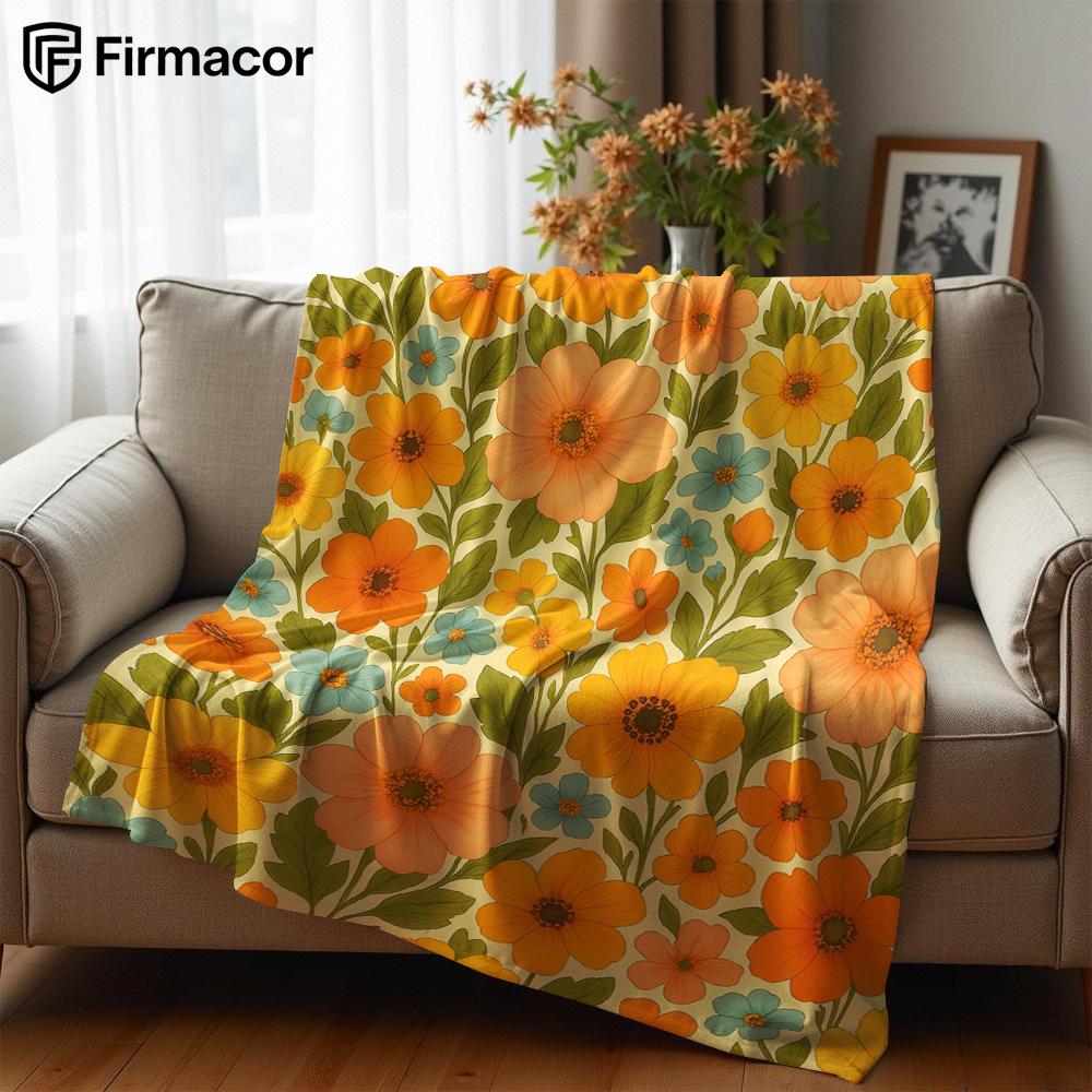 Warm Orange Retro Floral Lightweight Microfiber Soft Christmas Fleece Blanket Warm Cozy Throw for Sofa Office Travel All Season