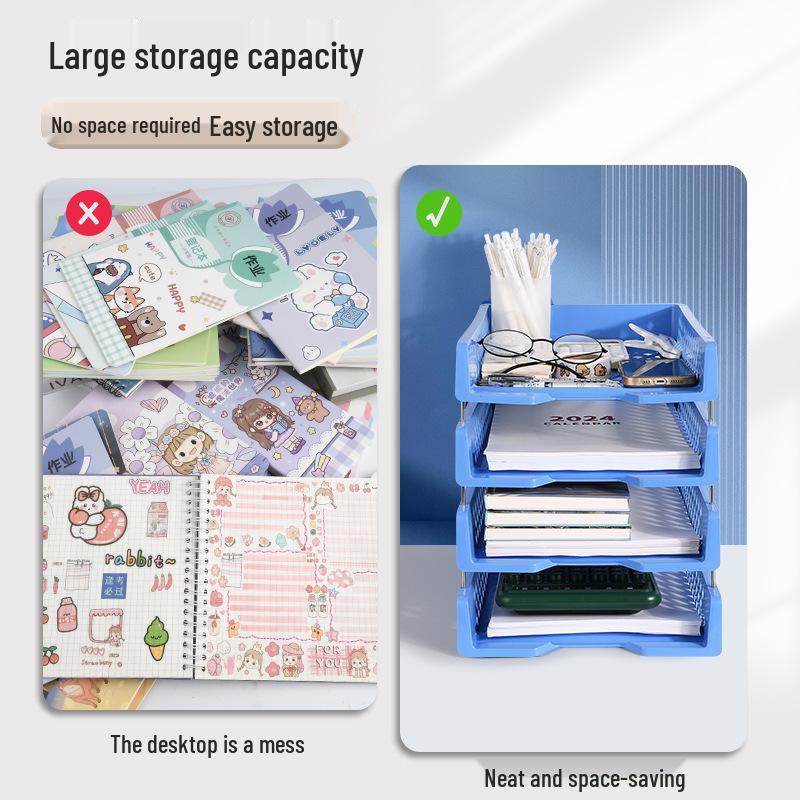 Синяя многоярусная настольная стойка для файлов - Офисная полка для хранения и коробка из толстого пластика