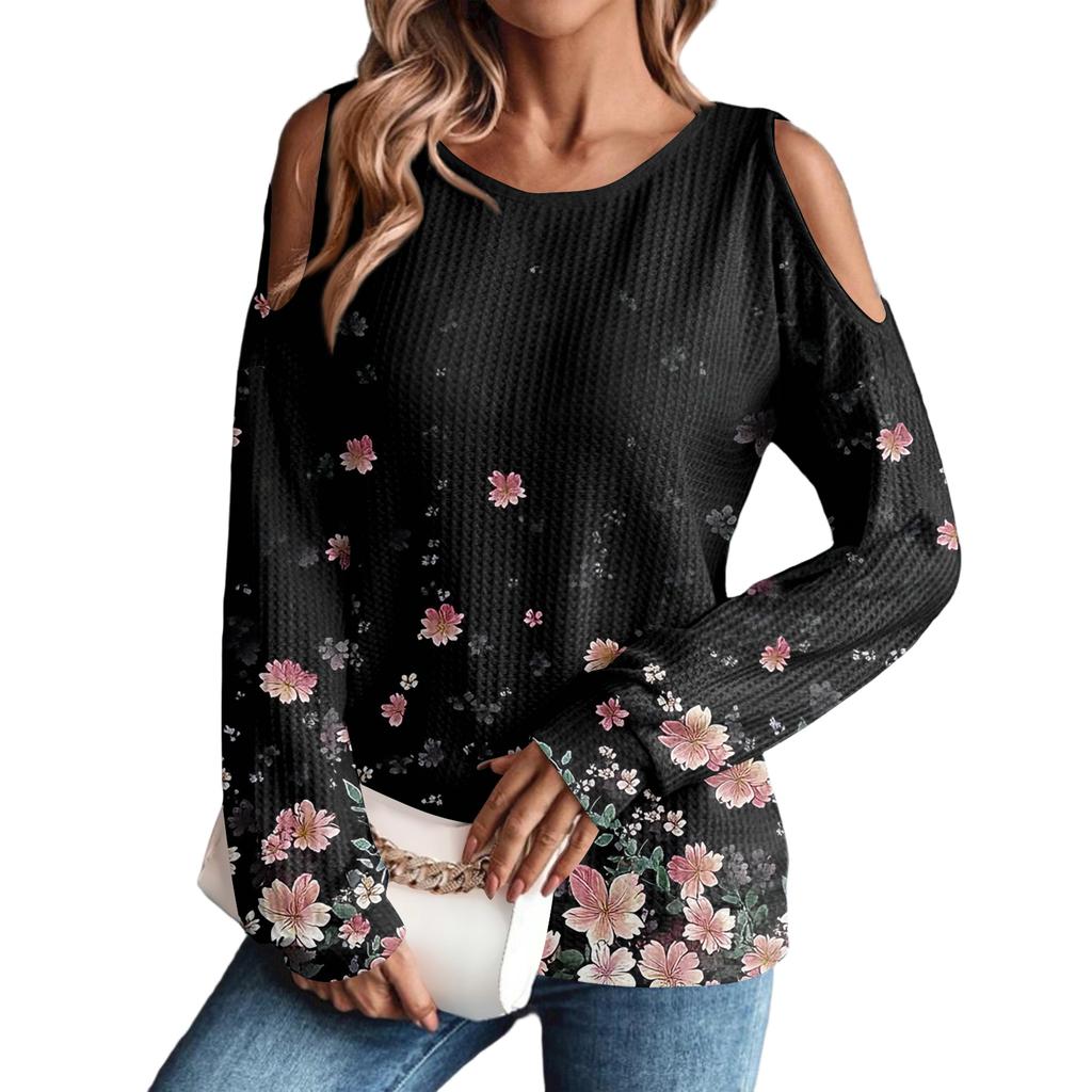 Women's Winter Oversized T-Shirt Fashionable Off-the-Shoulder Round Neck Vintage Floral Print Pullover Long-Sleeved Top