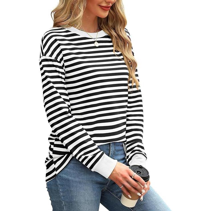 Женская нижняя рубашка осень-зима новая мода контрастного цвета свободный круглый вырез полосатый топ с длинными рукавами