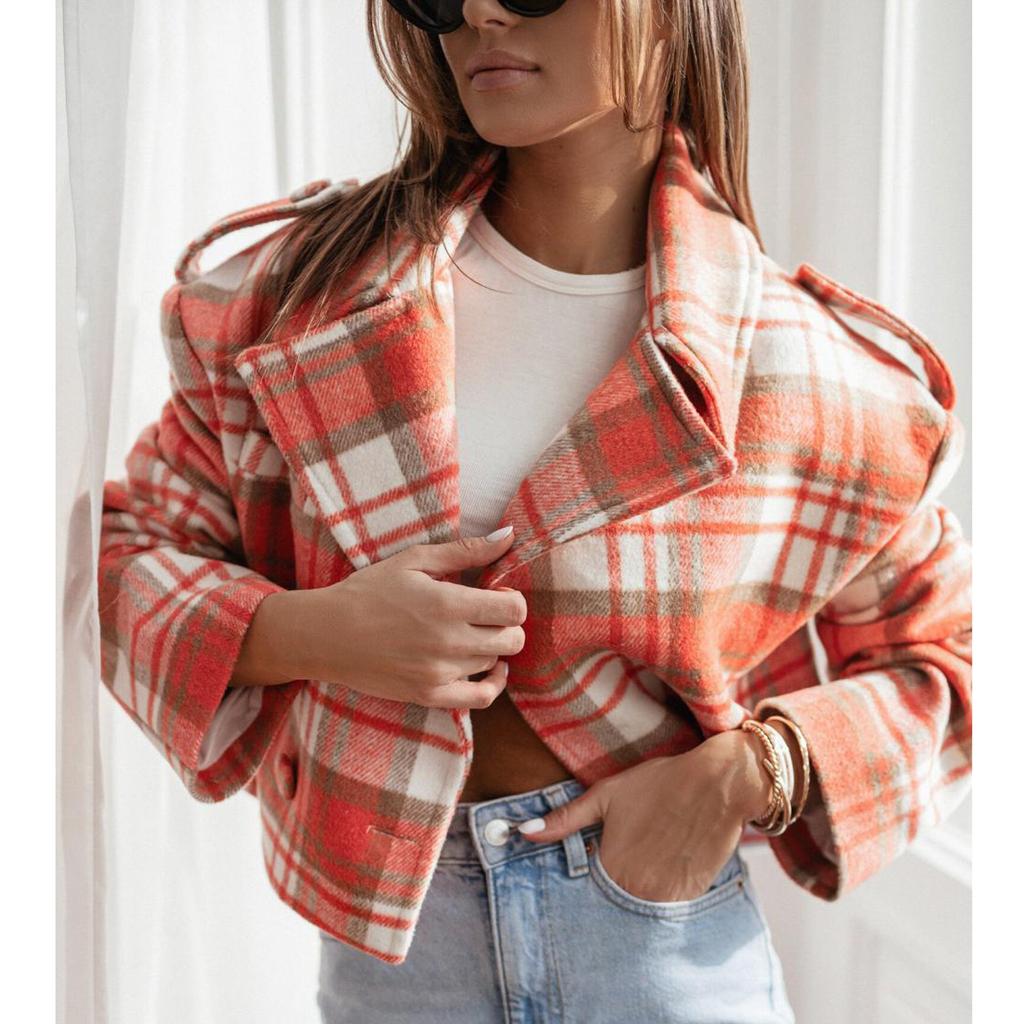 Женский свободный повседневный пиджак с длинными рукавами и клетчатым принтом, модная куртка