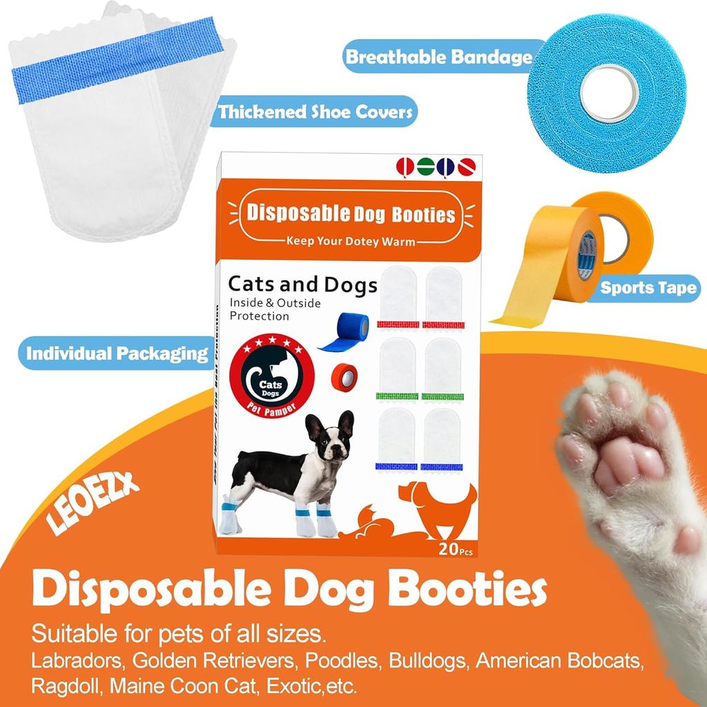 22Pcs Disposable Dog Boots, Cat & Dog Foot Towel, Adjustable Self-Adhesive Foot Cover, Pet Waterproof Foot Cover, Large, Medium and Small Size Pet
