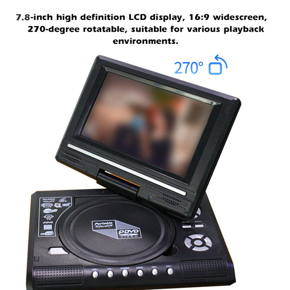 Callaa 7,8-дюймовый портативный домашний автомобильный DVD-плеер VCD CD MP3 HD DVD-плеер аналоговое ТВ USB SD-карты RCA игровой ЖК-дисплей 16:9 Поворот
