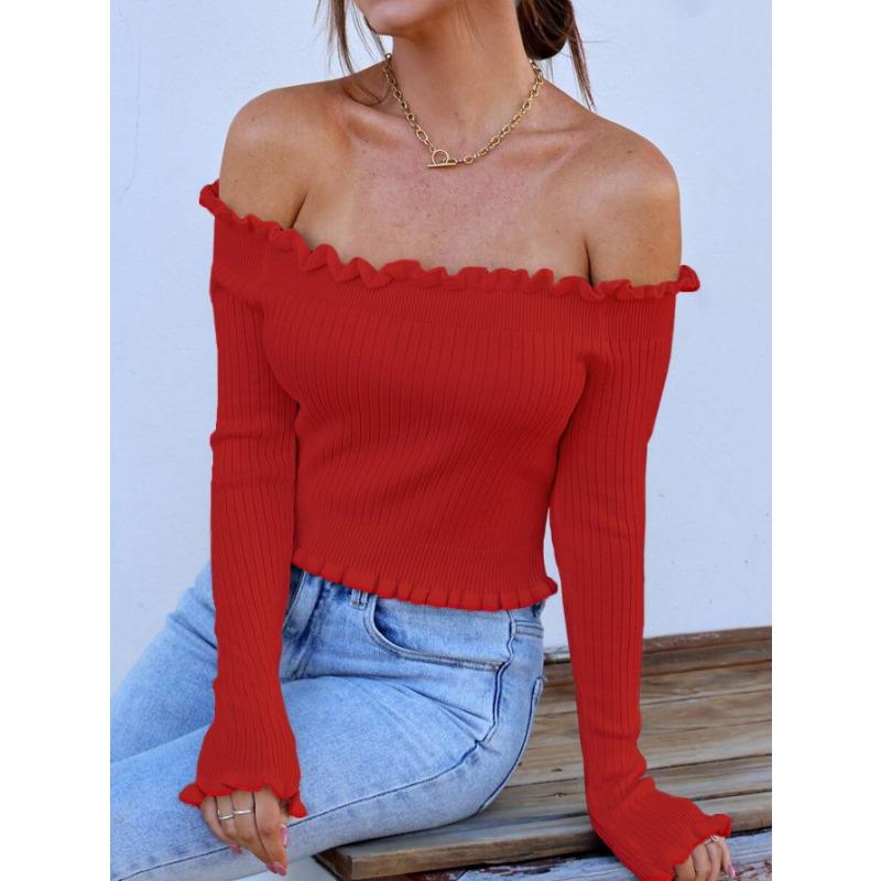 Женский осенне-зимний топ с деревянными ушками сбоку на одно плечо с длинным рукавом и высокой талией