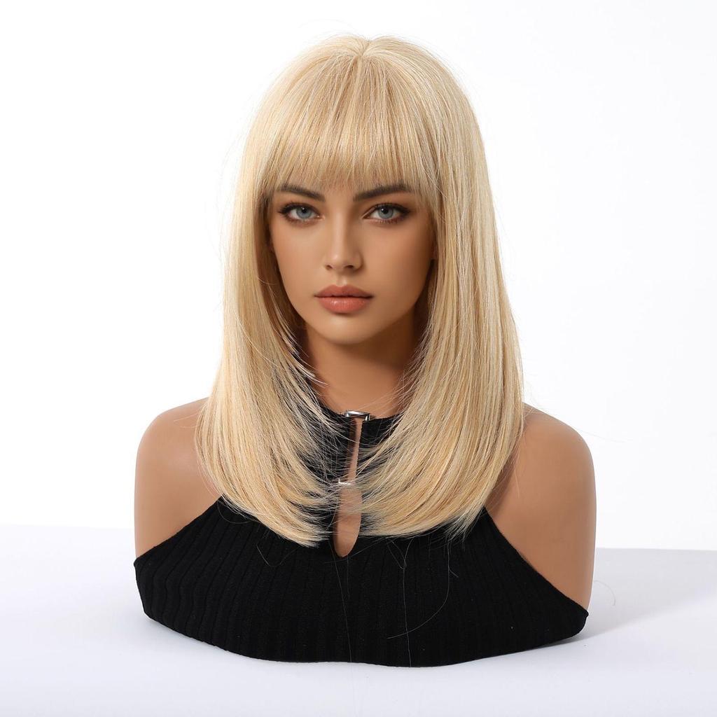 European and American Women's Golden Wig, Straight Bob Style, Medium Length Layered Synthetic Wig, Fashionable and Trendy Women's Wig