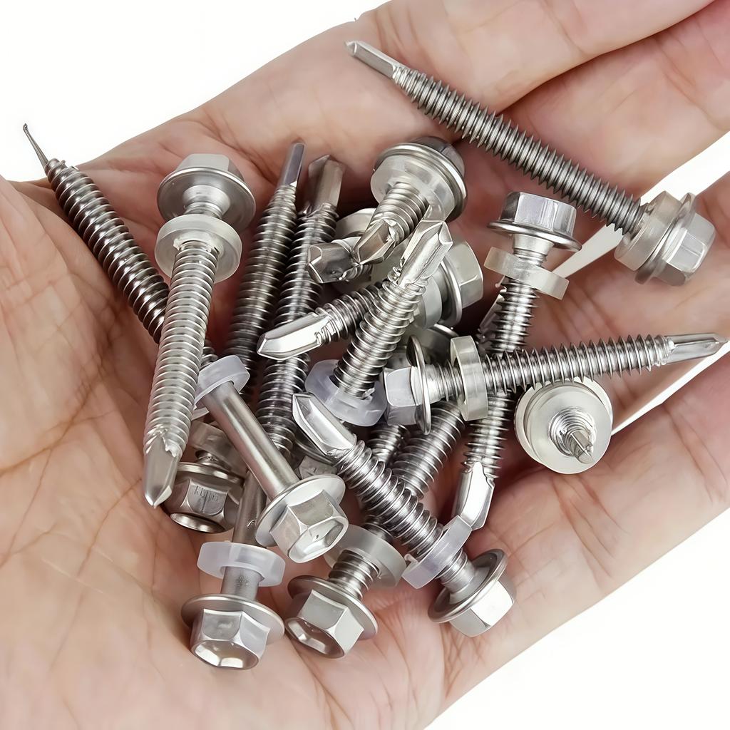 100pcs 410 Stainless Steel Magnetic Hex Washer Head TEK Self-Tapping Screws with Free Sockets - 5mm Coarse Thread, Full Thread R
