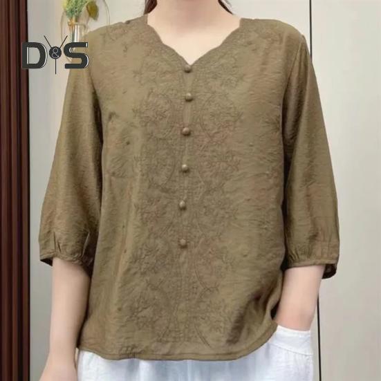 Women Shirt V-neck Half Sleeve Embroidery Floral Pattern Loose Fit Tops Solid Color Casual Blouse Daily Wear