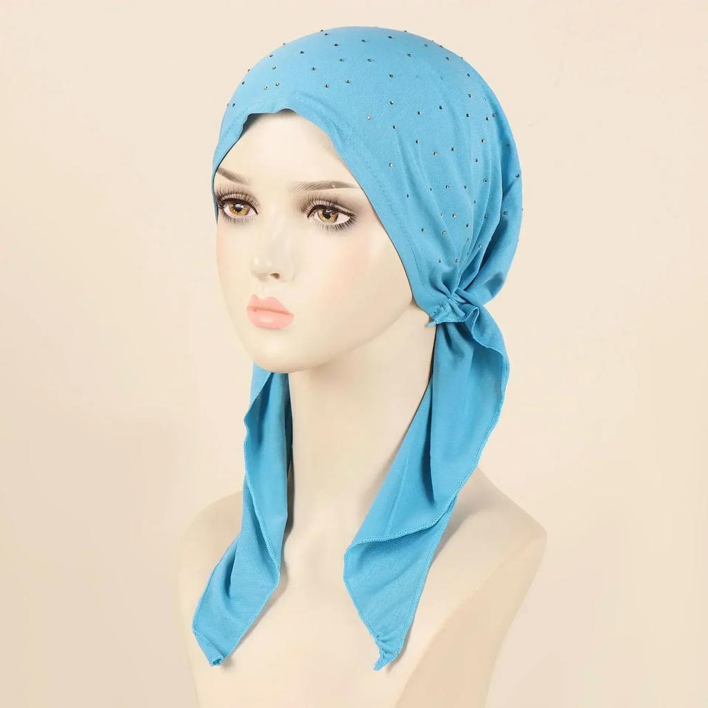 New Shimmer Pre-Tied Hat Women Muslim Hijab Turban Long Tail Headscarf Beanies Bonnet Hair Loss Chemo Cap Head Wrap Bandanas