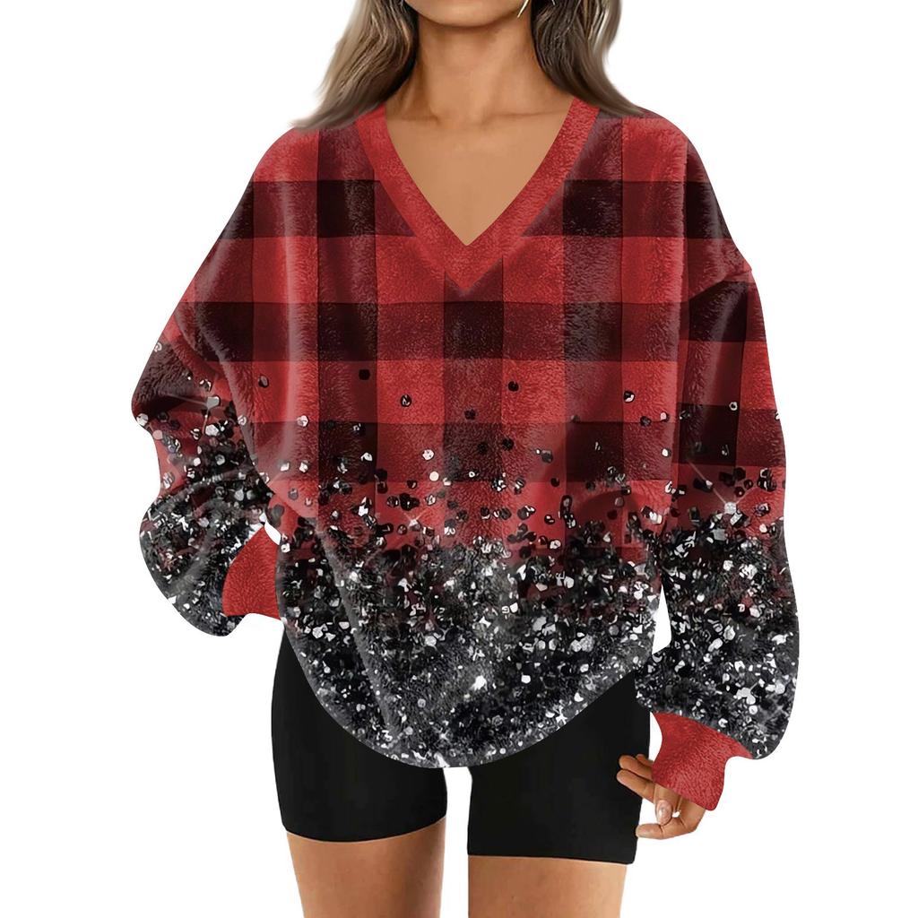 Женский модный пуловер с V-образным вырезом, рождественским принтом, длинным рукавом, повседневный, плюшевый, теплый, с карманом, толстовка, топ