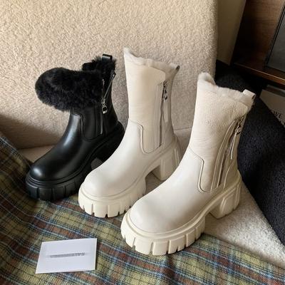 Зимние водонепроницаемые кожаные сапоги-мартин на толстой подошве из овчины и меха, 2025, на толстом каблуке-таблетке, с шерстяной подкладкой, большие хлопковые сапоги