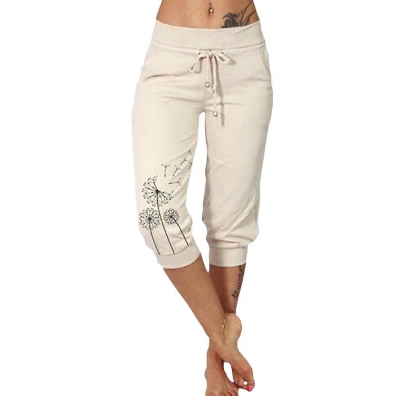Women Cropped Pants High Waist Elastic Waistband Drawstring Pockets Dandelion Print Women Casual Sport Pants Streetwear