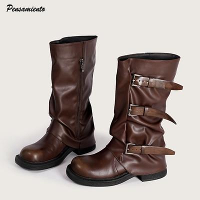 Модные винтажные женские мотоботы до середины икры из мягкой кожи с ремешком и пряжкой, на толстом высоком каблуке, осенне-зимние ботильоны в рыцарском стиле