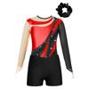 Kids Girls Metallic Long Sleeve Gymnastics Leotard with Shorts Hair Scrunchie Dance Unitard Biketards Dancewear
