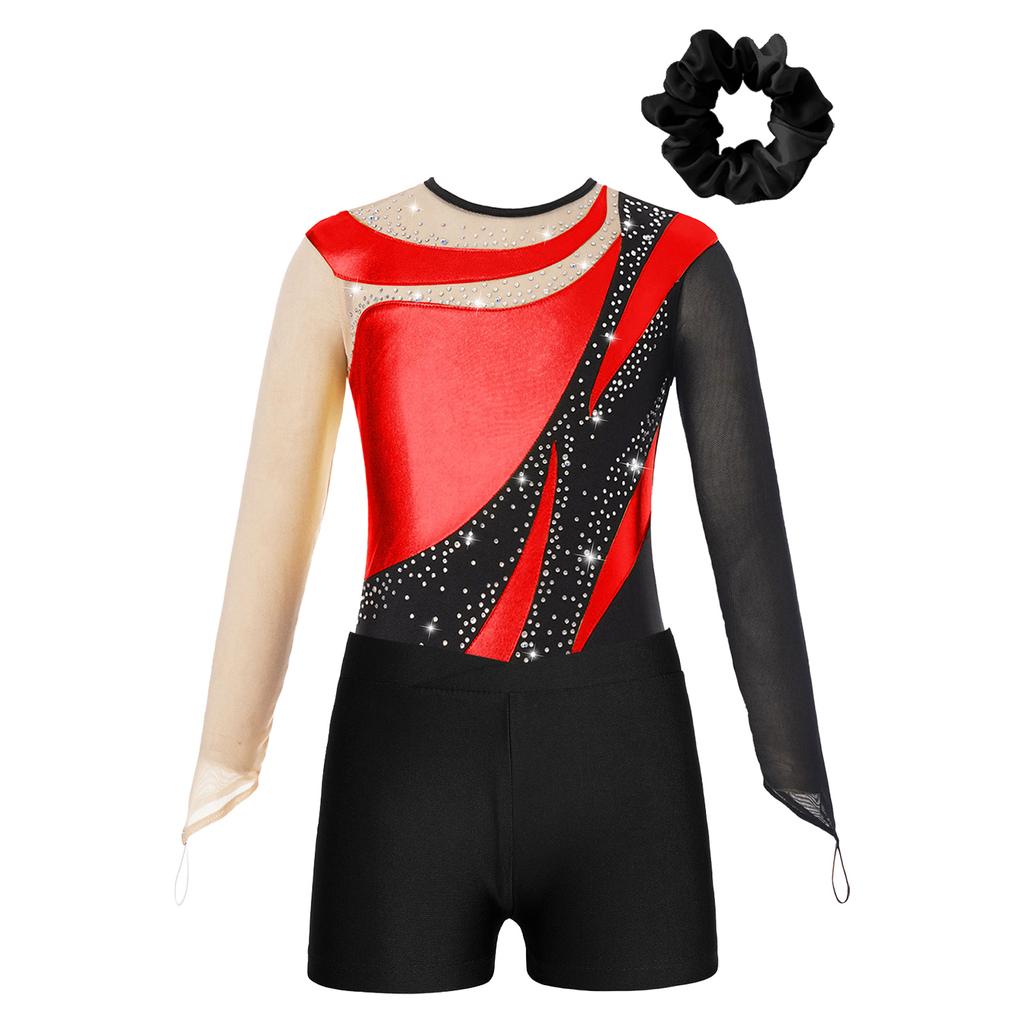 Kids Girls Metallic Long Sleeve Gymnastics Leotard with Shorts Hair Scrunchie Dance Unitard Biketards Dancewear