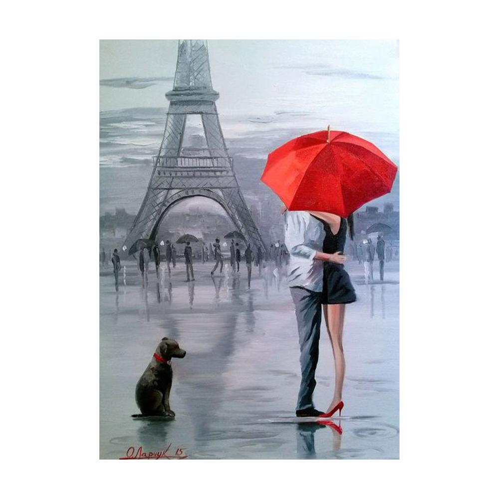 Влюбленная пара с зонтиком, идущая по улице, Эйфелева башня, холст, картина маслом, постер, осенний пейзаж, настенное искусство, домашний декор