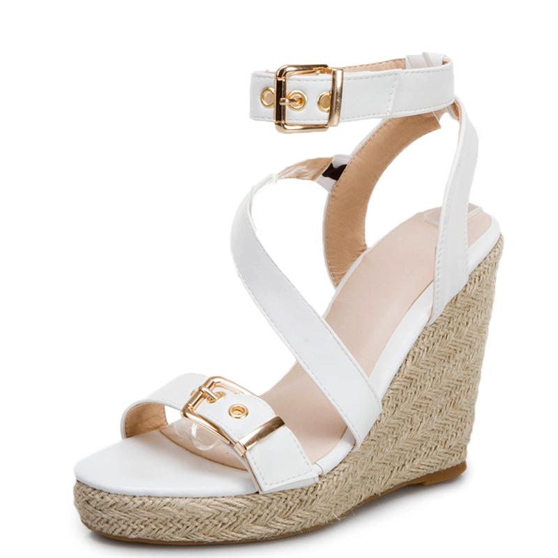 Модные босоножки на танкетке, женские летние туфли, трикотажные туфли на платформе, высокие каблуки, шлепанцы, большие размеры, туфли с перекрестными ремешками для вечеринок, женские, белые