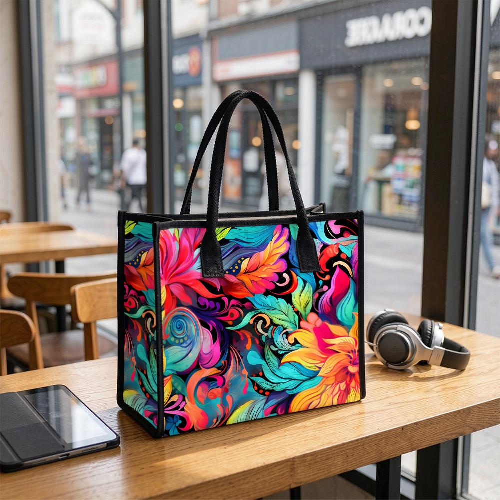 Colorful Floral Print Casual Tote Bag Portable Daily Use Lightweight Reusable Fashion Carryall Handbag