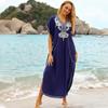 Summer New Cotton Indie Folk Bikini Blouse V-Neck Embroidered Side Slit Loose Beach Long Dress Women's Swimwear Blouse Q660