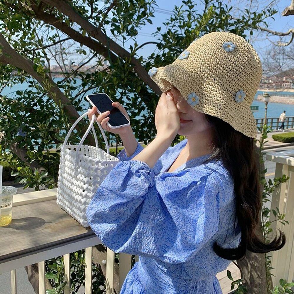 Cap Handmade Weave Sunscreen Beach Hat Flower Flat Hat Sun Protection Straw Hat Sun Hat Sun Cap