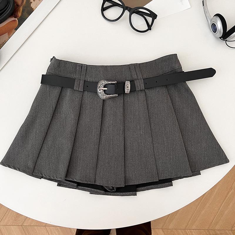 Korean College Style A-Line Pleated High Waist Skirt with Belt for Women