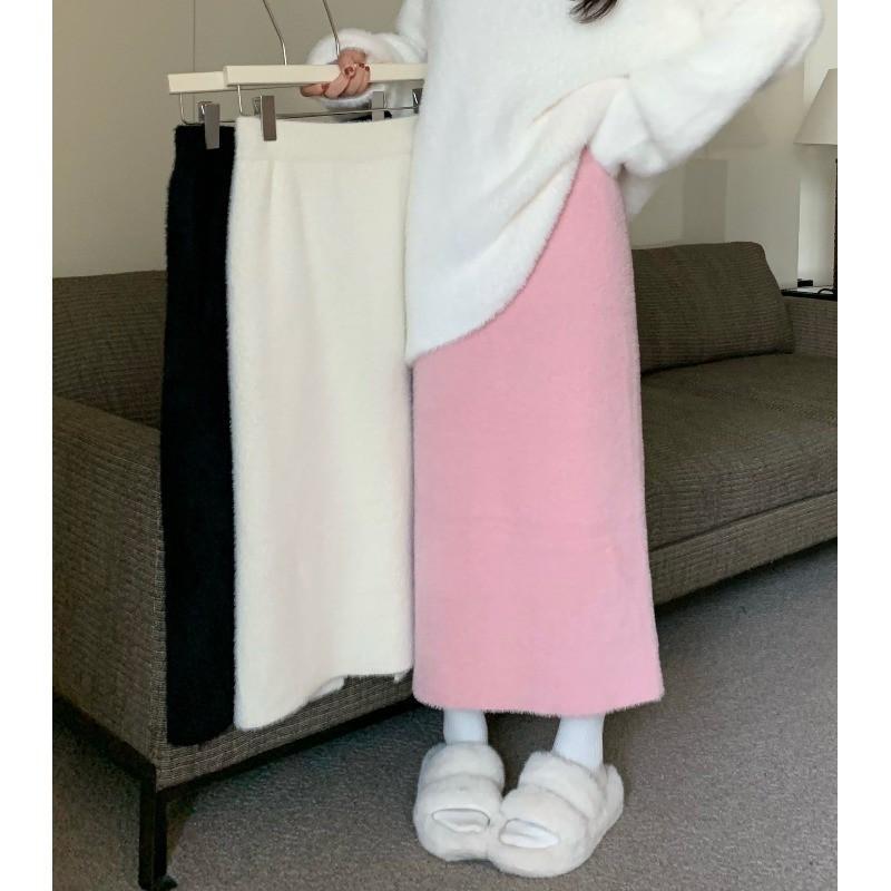 Solid Color Faux Fur Midi Skirt Women High Waisted Thick Knit Pencil Petite Fall Winter