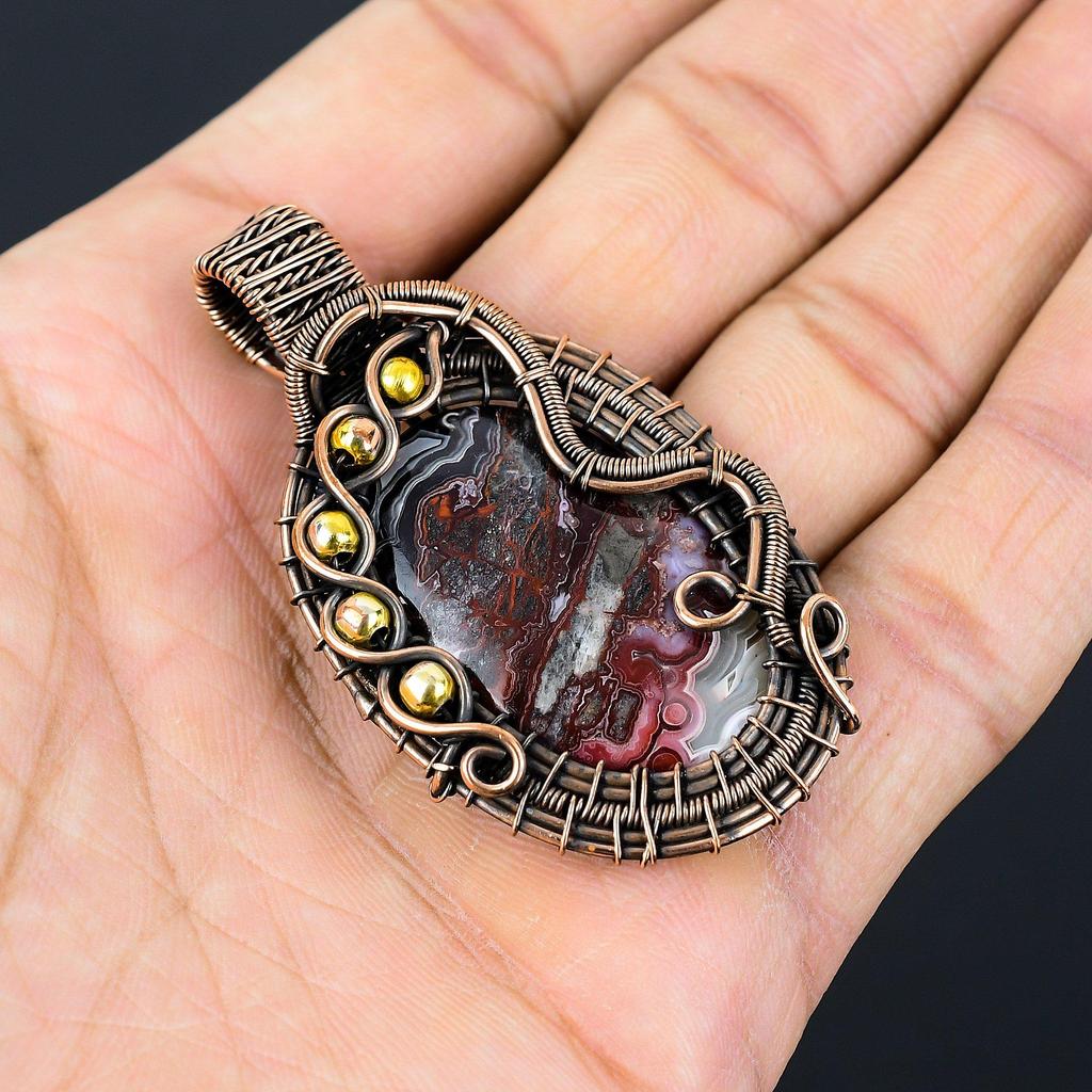 Crazy Lace Agate Gemstone Pure Copper Wire Wrapped Handmade Pendant Jewelry For Her