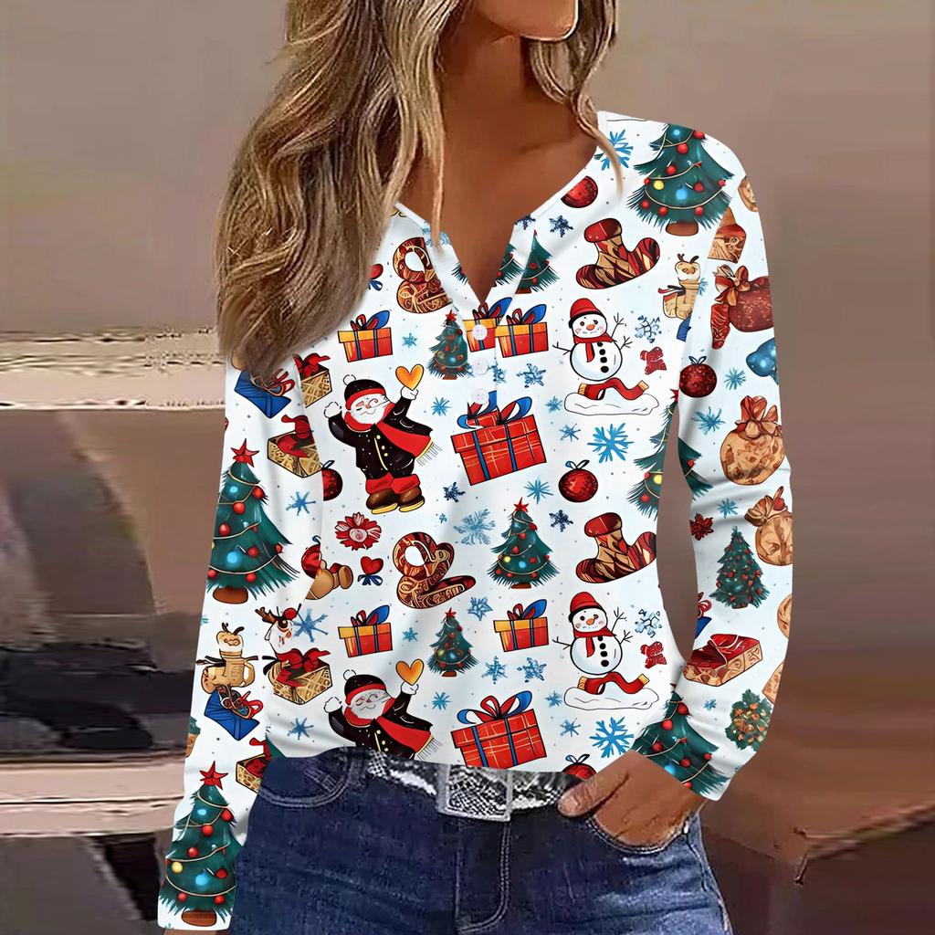 Women's T Shirt Tee Christmas Printed Button Long Sleeve Tunic Daily Weekend Fashion Basic V- Neck Regular Top