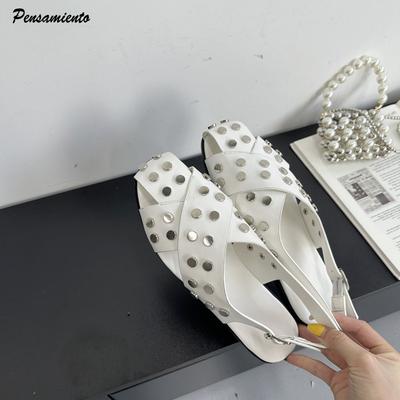 Модные Высококачественные Панк Клепки Вырезы Женские Балетки Сандалии Модные Летние Слингбэки Ремешок с Пряжкой Квадратный Носок Повседневная Обувь для Платья