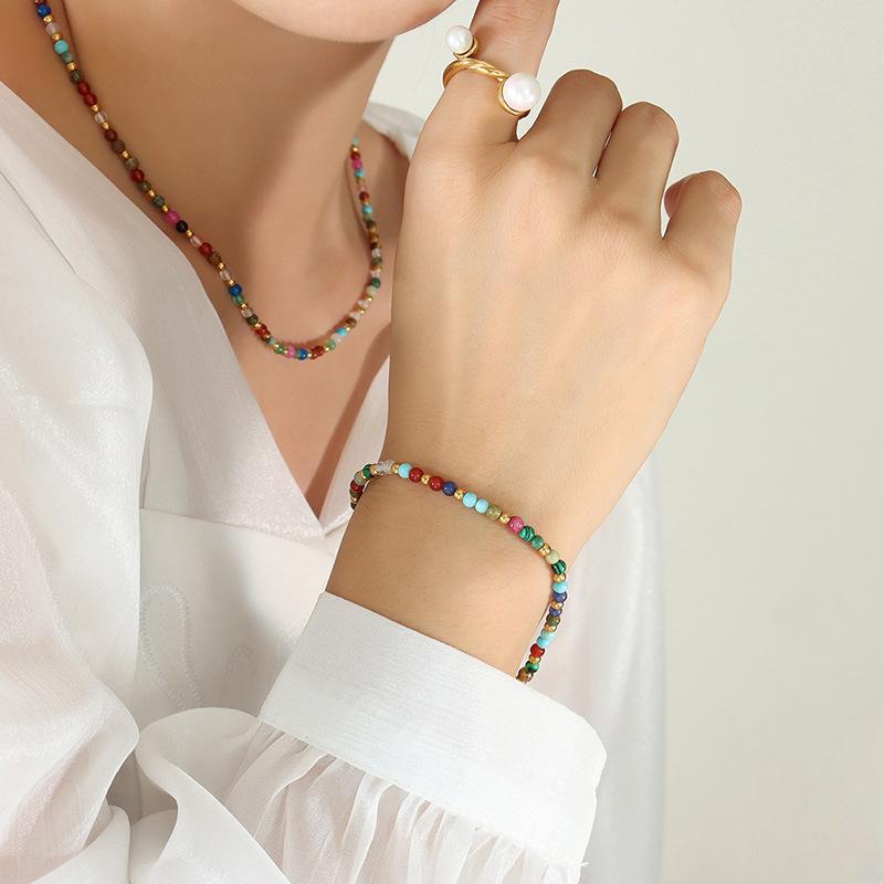 Colorful Natural Stone Titanium Steel Beaded Personalized Accessories Bohemian Ethnic Style Necklace Fashion Bracelet Jewelry Set