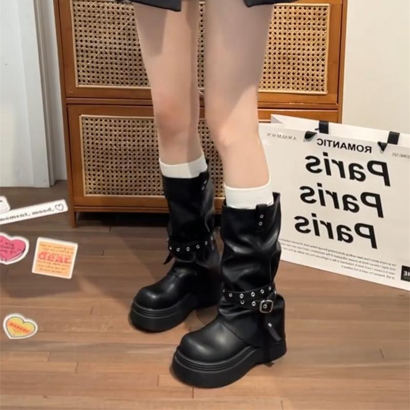 Сексуальные ботфорты на платформе и толстом каблуке, женские ботинки-трубы, модная обувь с ремешками и пряжками, женские панк-ботильоны до середины икры, De Muje