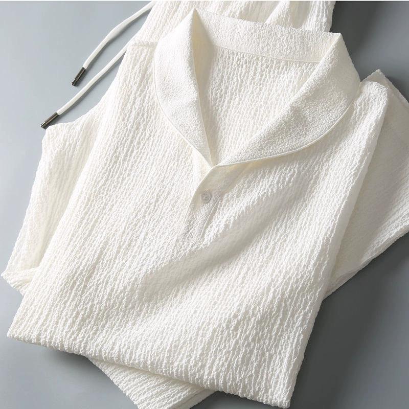 Комплект из 2 предметов: мужской топ и брюки, отложной воротник, эластичный пояс, плиссированная рубашка, брюки, комплект, короткий рукав, завязывающийся шнурок, длинные брюки