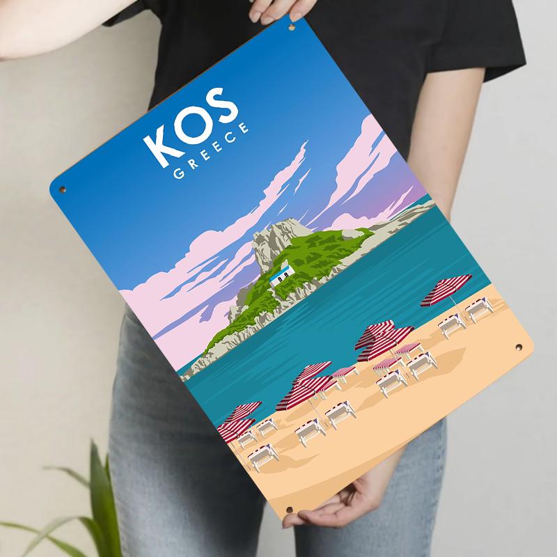 Kos Greece Travel Poster Metal Wall Art Mediterranean Landscape Decor with Beach Umbrella and Rock Mountain