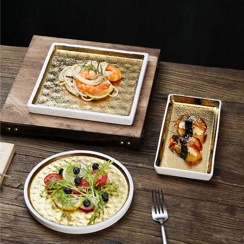 1Pcs Japanese Sushi Plate Gold-plated Ceramic Tableware Creative Steak Plate Roast Bird Barbecue Premium Sense Tray